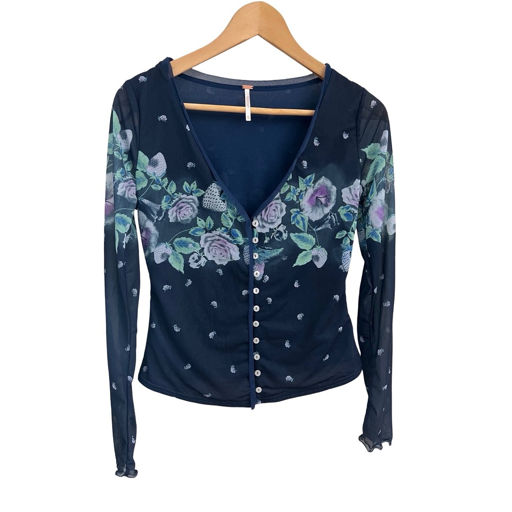 Free People Navy Home Grown Cardi Floral Strawberry Mesh Button-Front XS Top